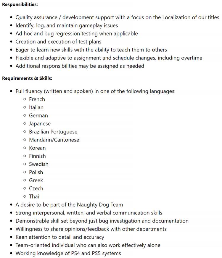 Naughty Dog Associate Localization Quality Assurance Tester Development Support job listing responsibilities and requirements