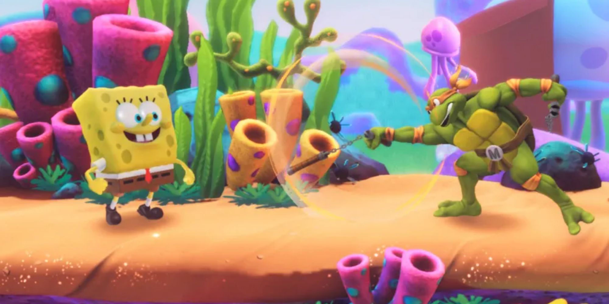 SpongeBob facing Michaelangelo