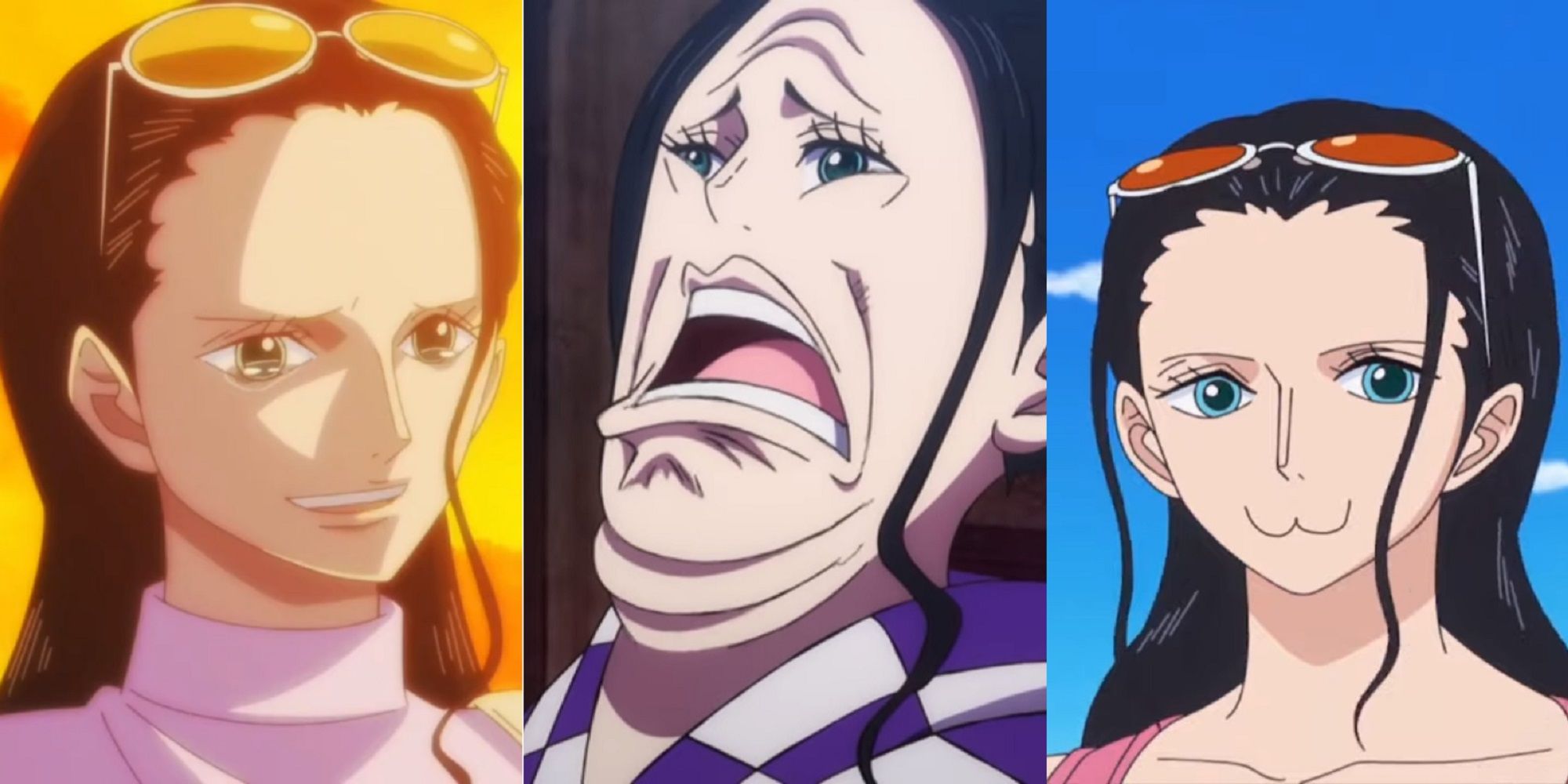 Split image of Robin crying over Ryunosuke, Robin's rare face fault, and Robin cheekily smiling at Law in the One Piece anime