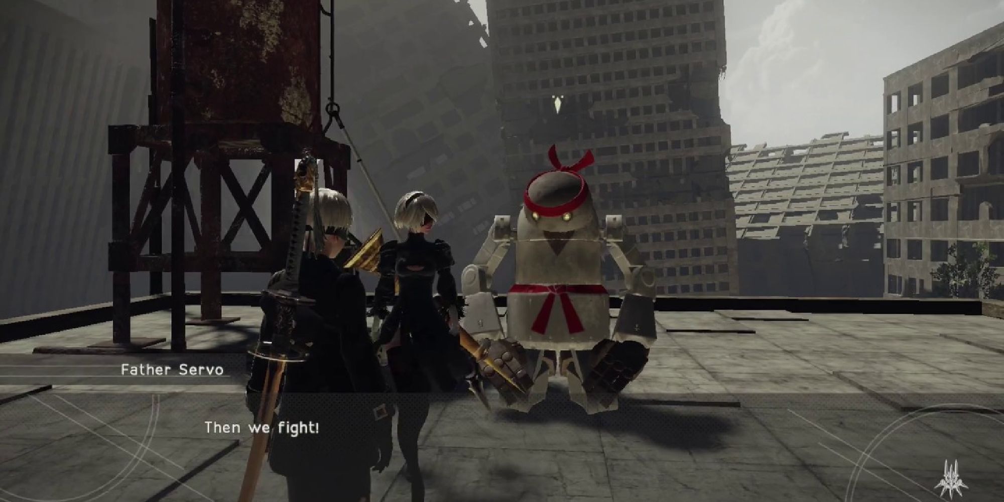2B and 9S encountering Father Servo