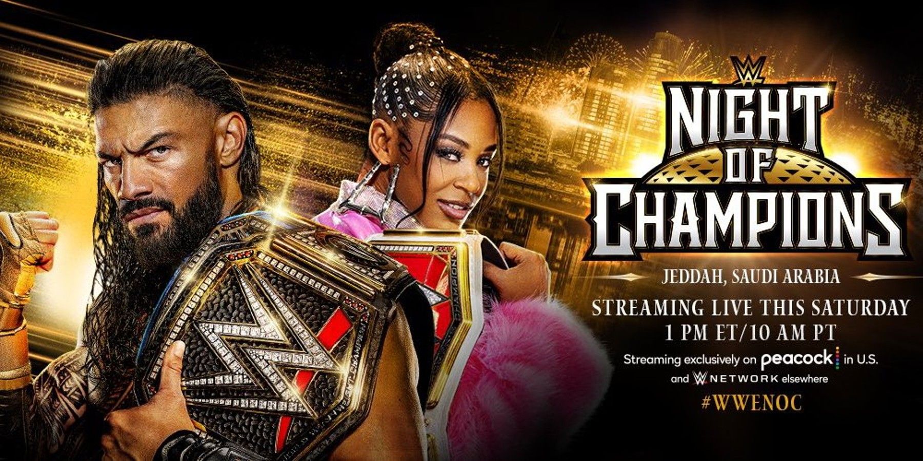 WWE Night of Champions 2023 graphic featuring Roman Reigns and Bianca Belair