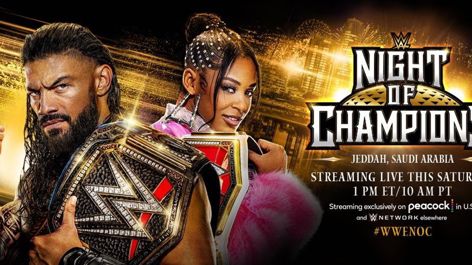 WWE Night of Champions 2023 graphic featuring Roman Reigns and Bianca Belair