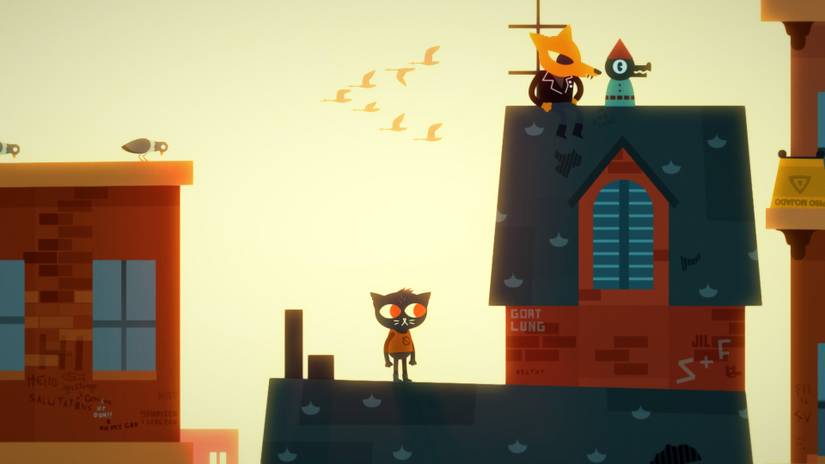 Night In The Woods you play as a cat. They are on the roof of a house with two friends