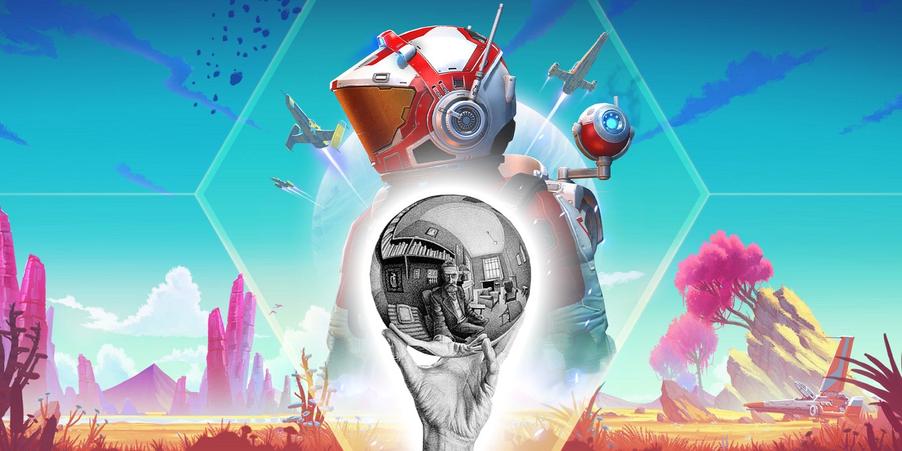 No Man's Sky image showing the Traveller behind M.C. Escher's famous Hand with Reflecting Sphere drawing.