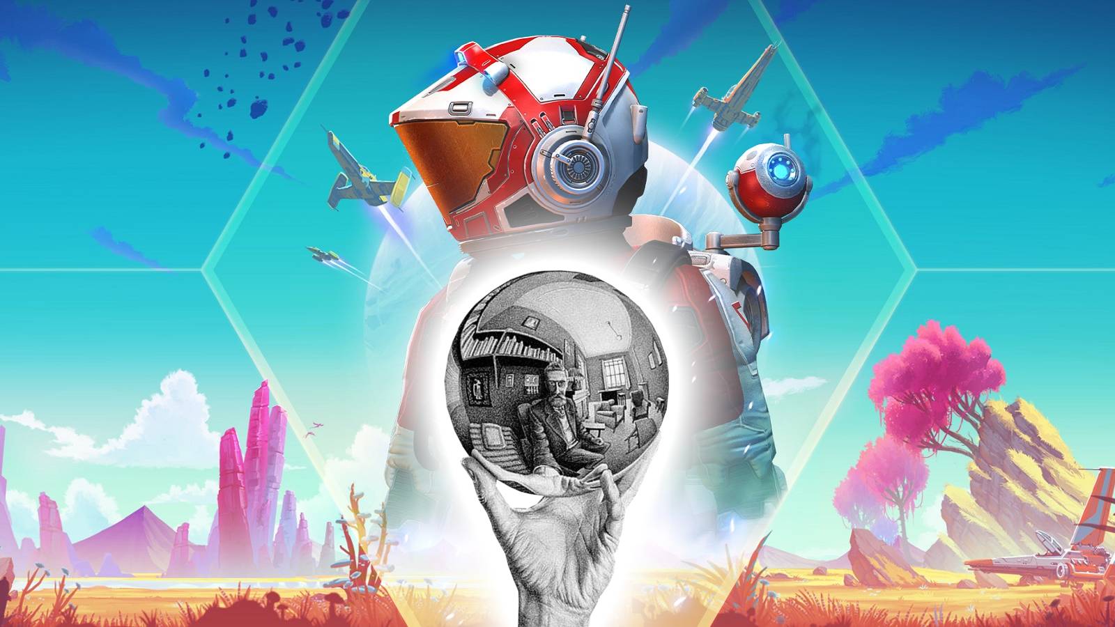 No Man's Sky image showing the Traveller behind M.C. Escher's famous Hand with Reflecting Sphere drawing.