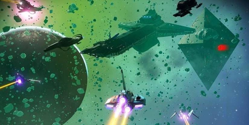 Three spaceships fly towards a planet, space frigate, and diamond-shaped space station 