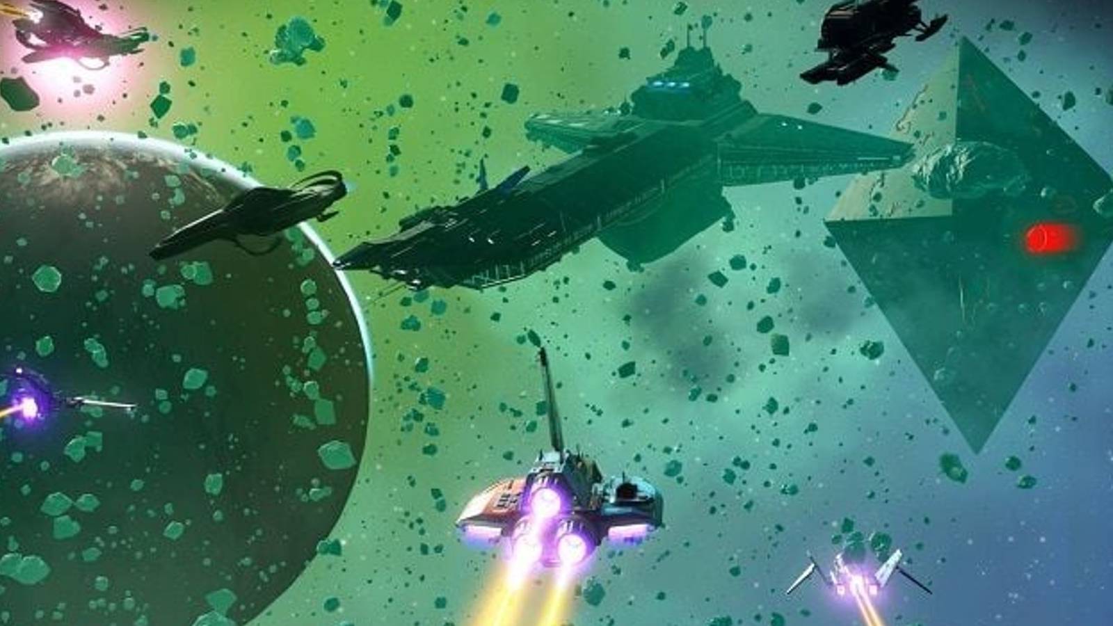 Three spaceships fly towards a planet, space frigate, and diamond-shaped space station 