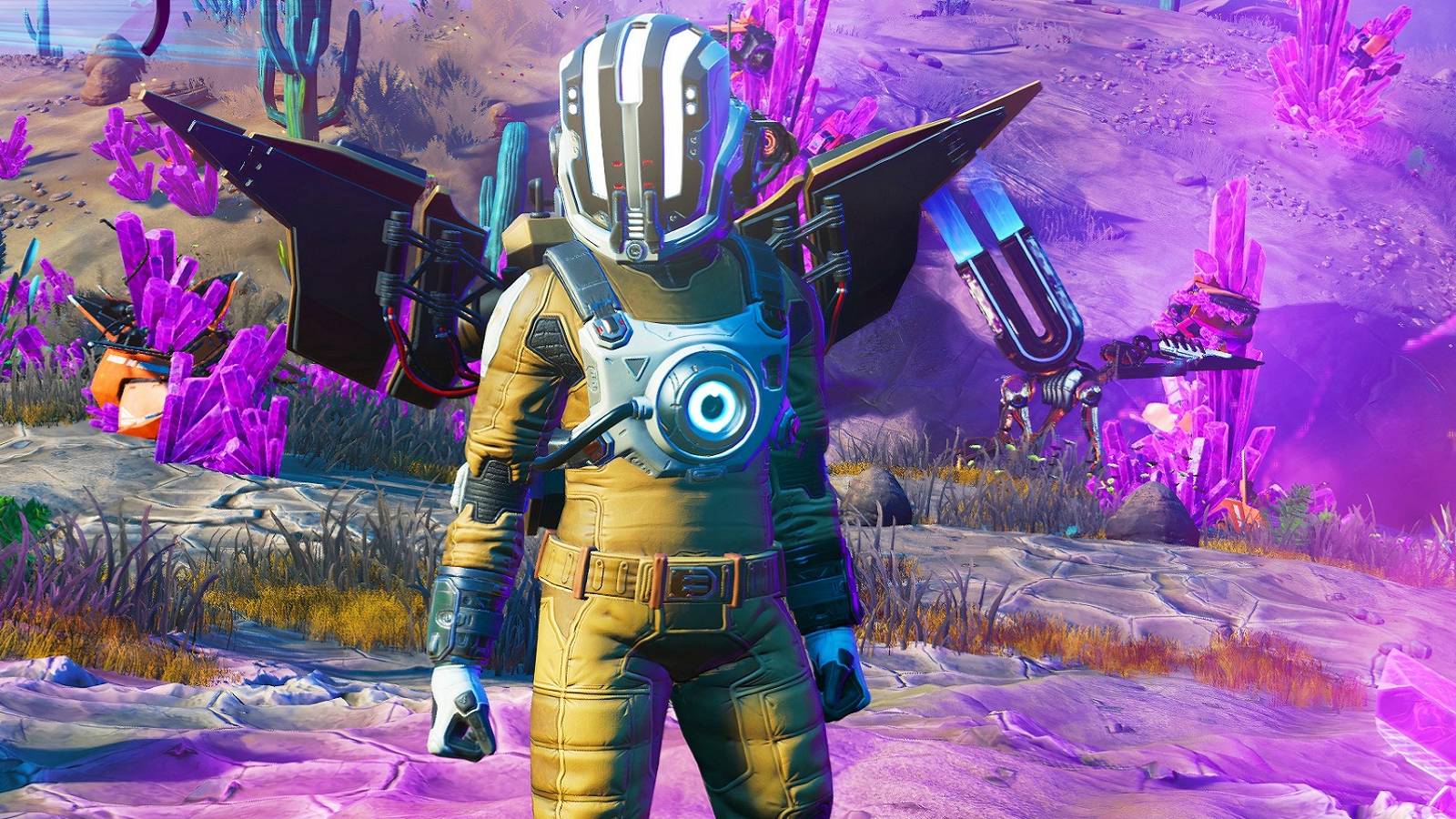 Image from No Man's Sky showing the Traveller on a very pink planet.