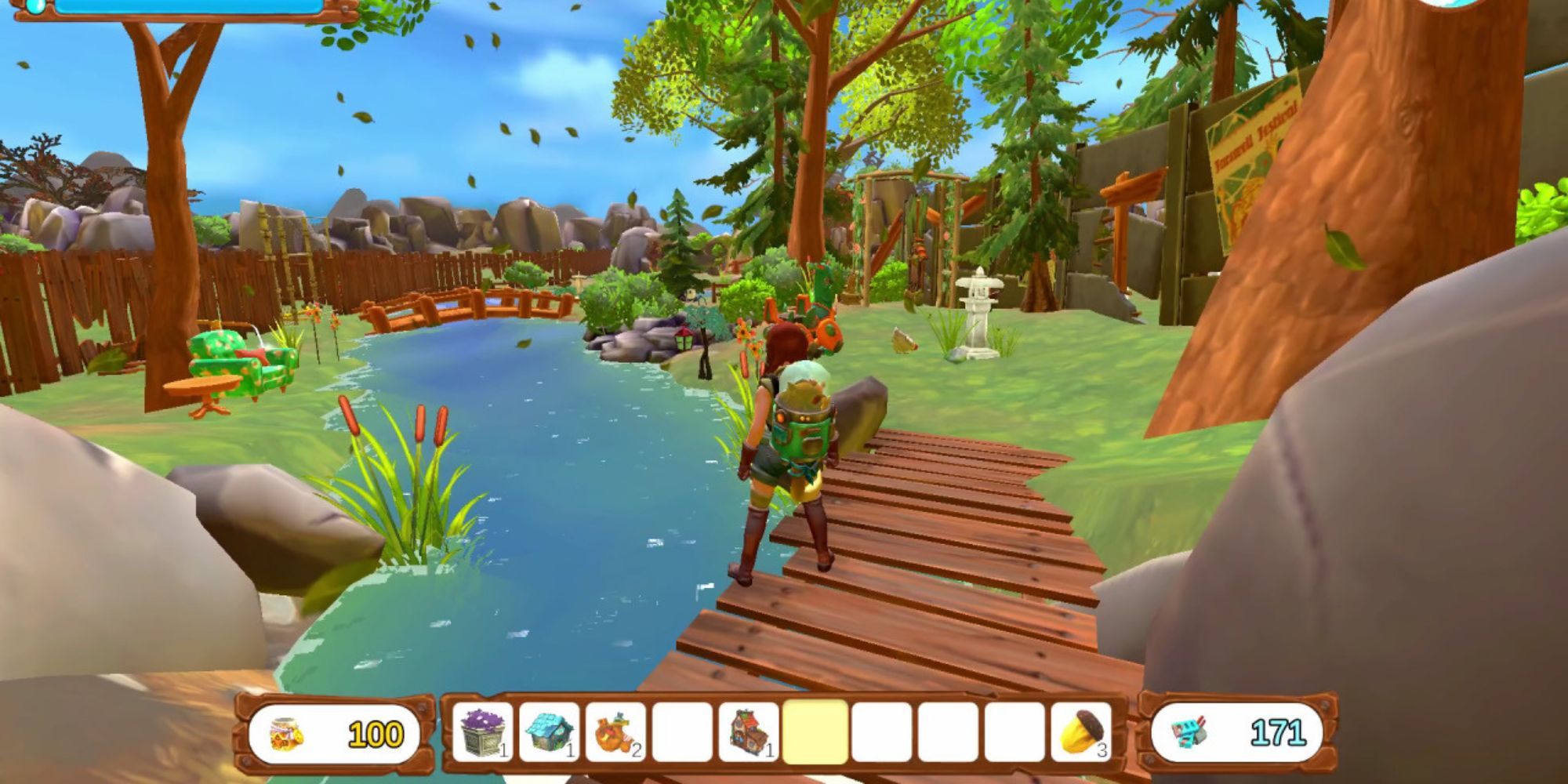 A player standing on a bridge over a river in the game No Place Like Home