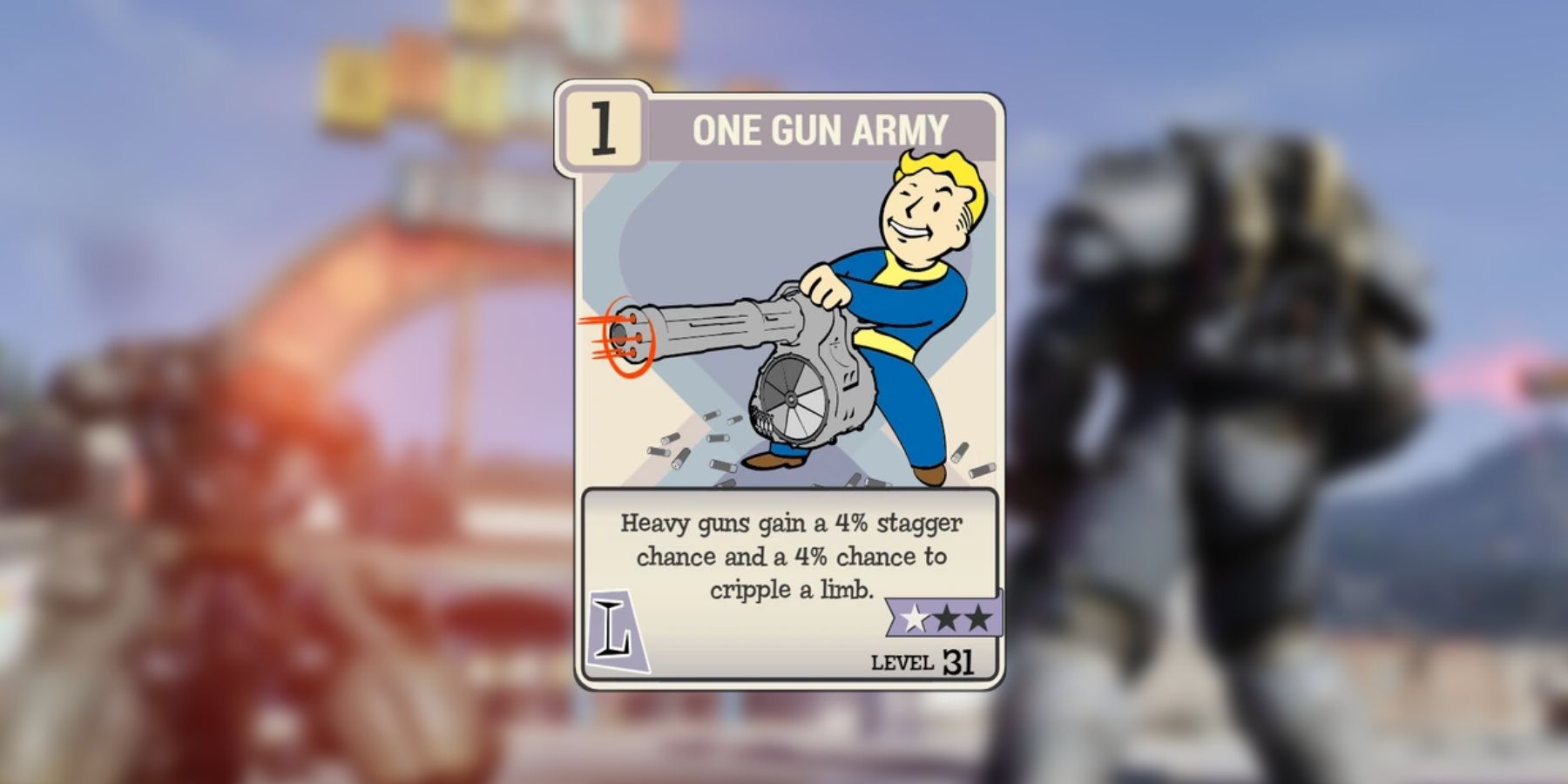 image showing the one gun army perk card for power armor.