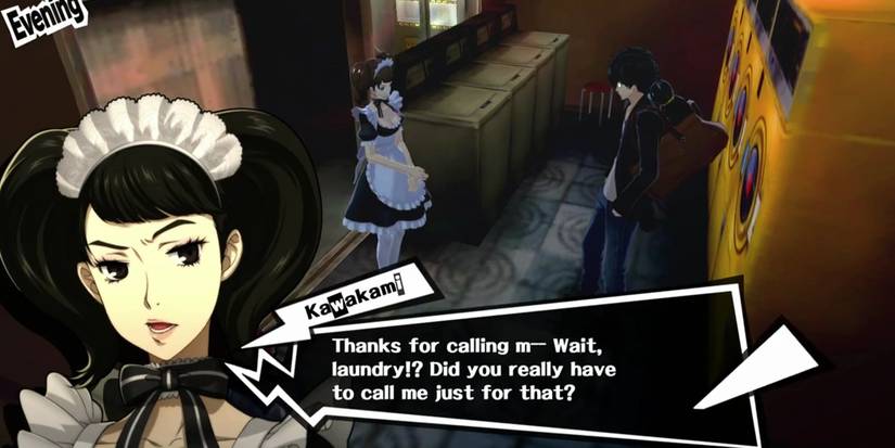 Persona 5 Royal: Kawakami arrives to do the Protagonist's laundry.