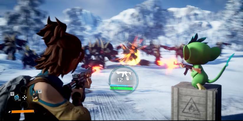 Palworld player and Pal shooting enemies