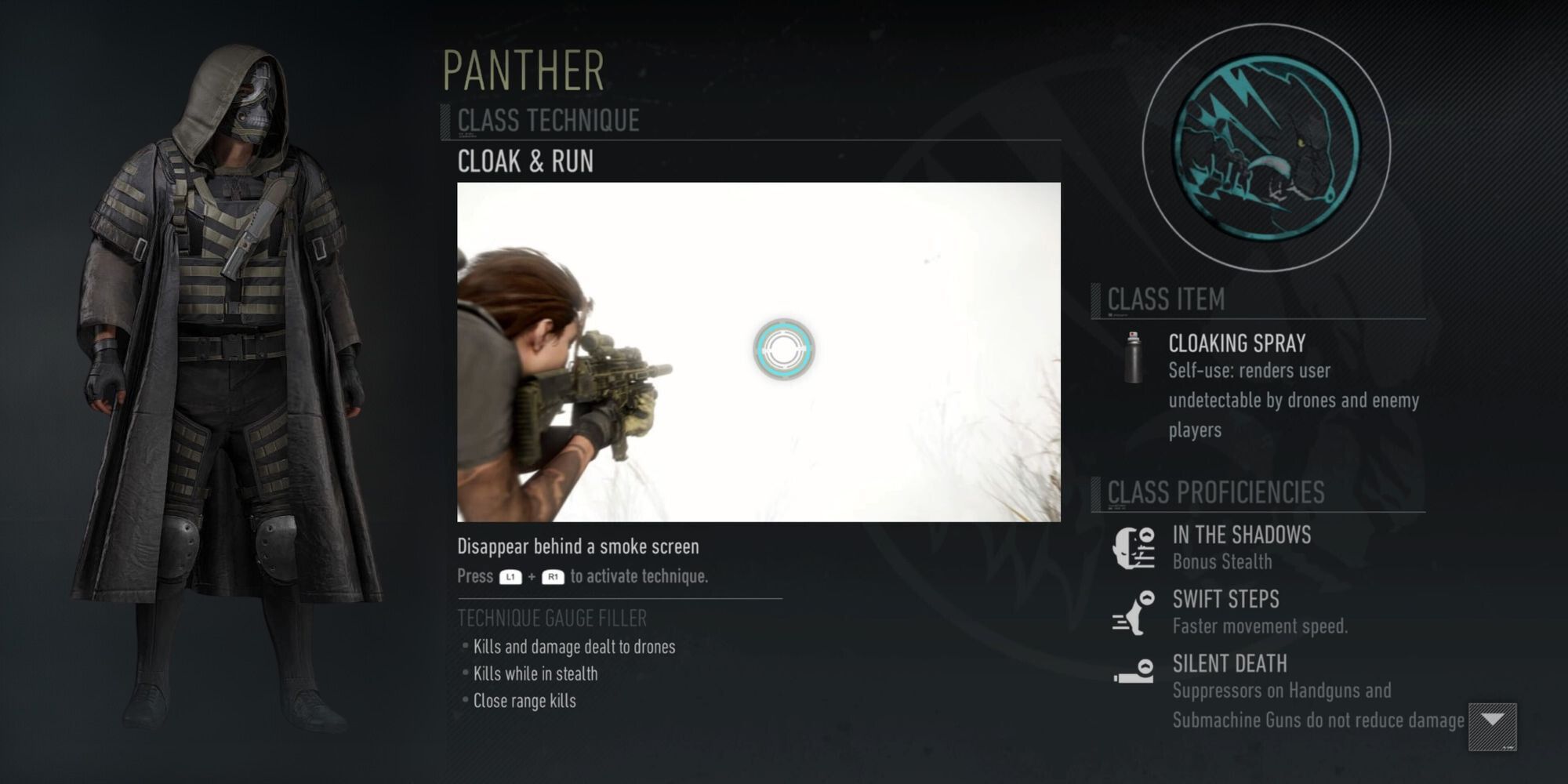 The Panther class from Ghost Recon Breakpoint accompanied by a soldier and the clas logo