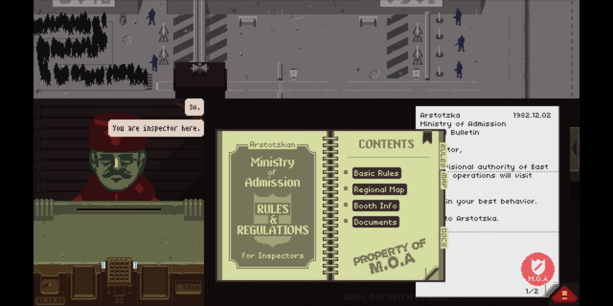 A player being asked if they're the Inspector in Papers, Please