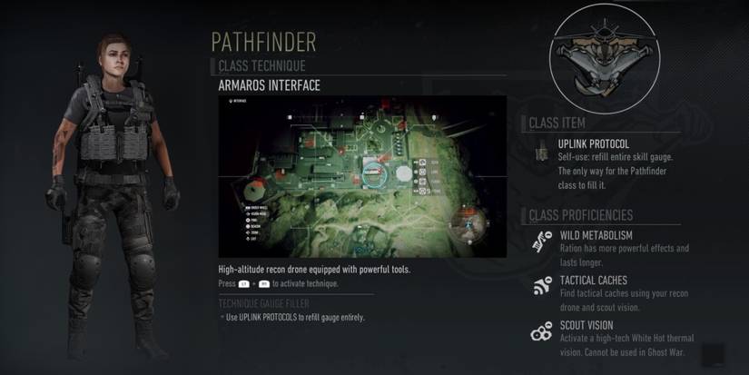 The Pathfinder class from Ghost Recon Breakpoint accompanied by a solider and the class logo