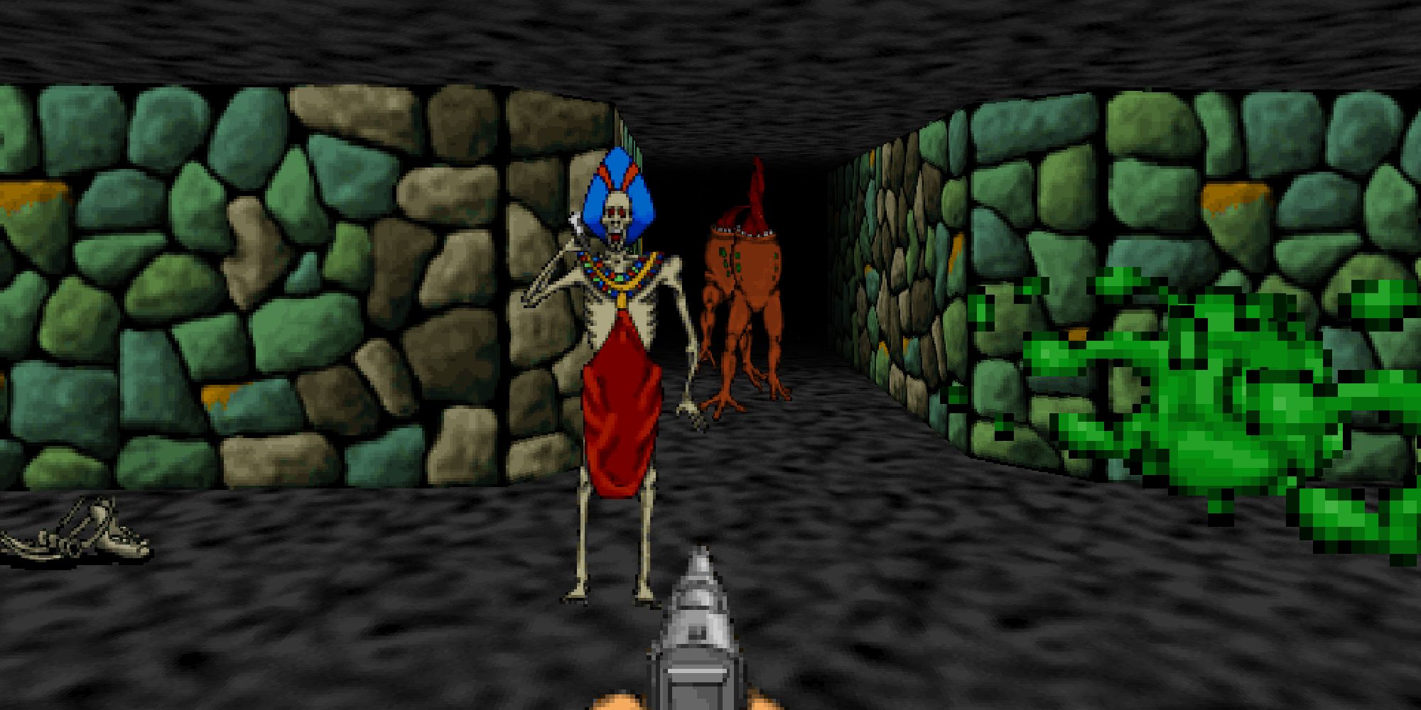 Screenshot of gameplay from Pathways into Darkness, which shows the first-person POV of a gun pointed at creatures pouring from the darkness. 