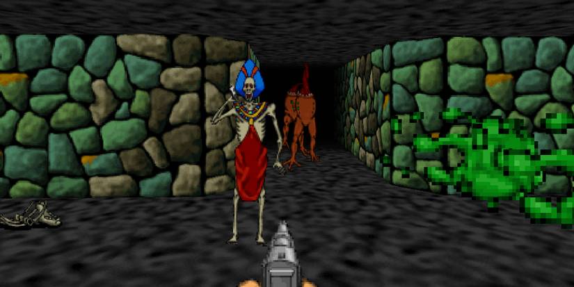 Screenshot of gameplay from Pathways into Darkness, which shows the first-person POV of a gun pointed at creatures pouring from the darkness. 