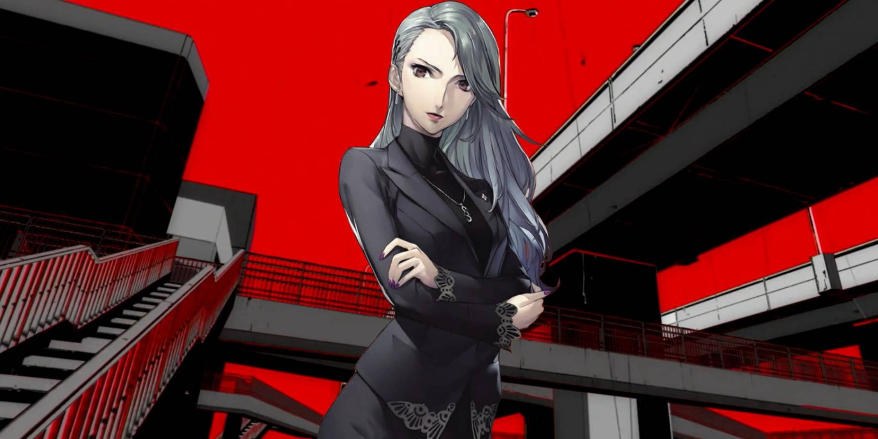 Sae Nijima over a scene from the Persona 5 intro