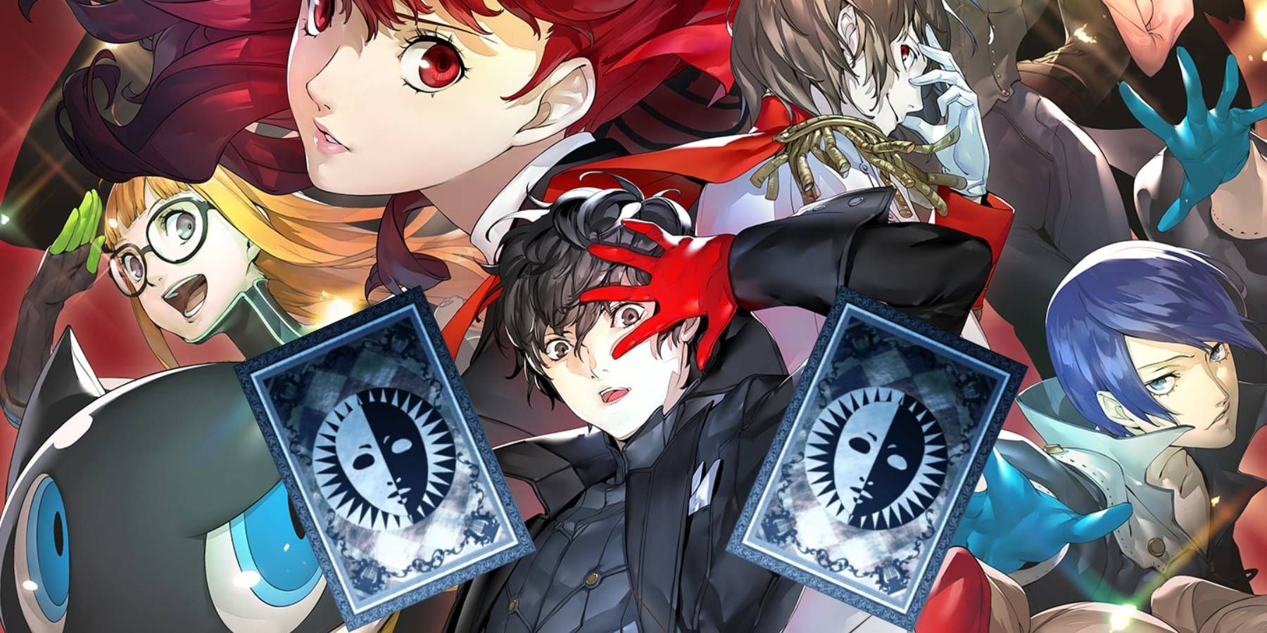Persona 5 Royal art with Joker looking at Arcana Cards from Persona 3