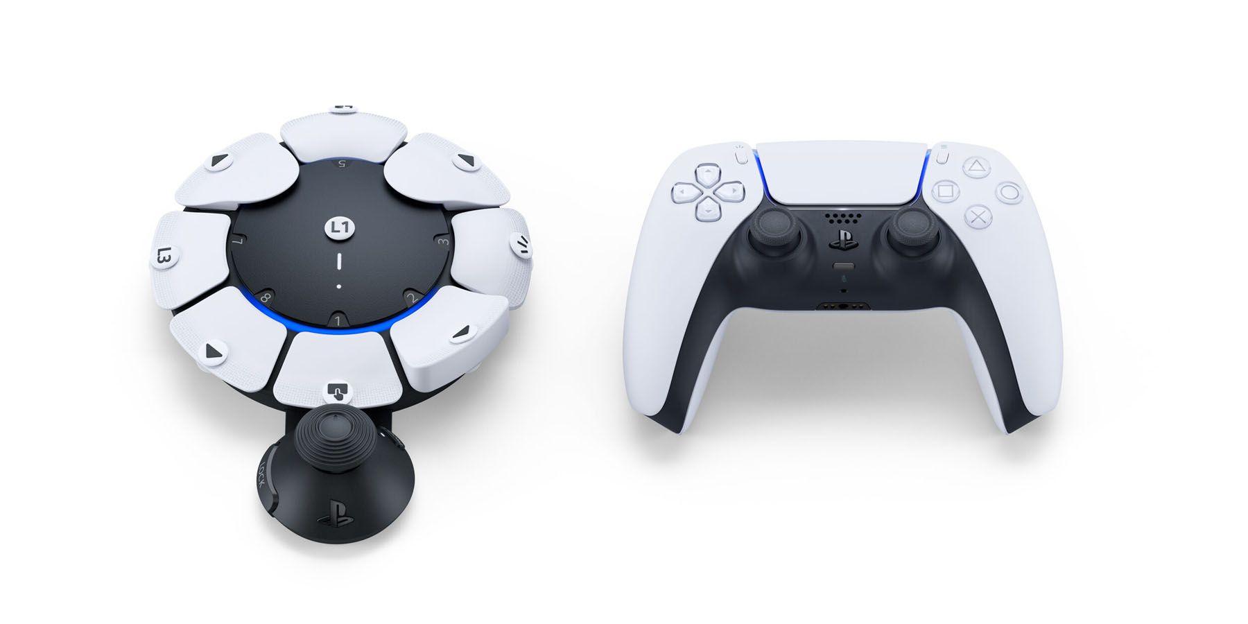 A promotional image of the PlayStation 5 Access Controller next to DualSense.