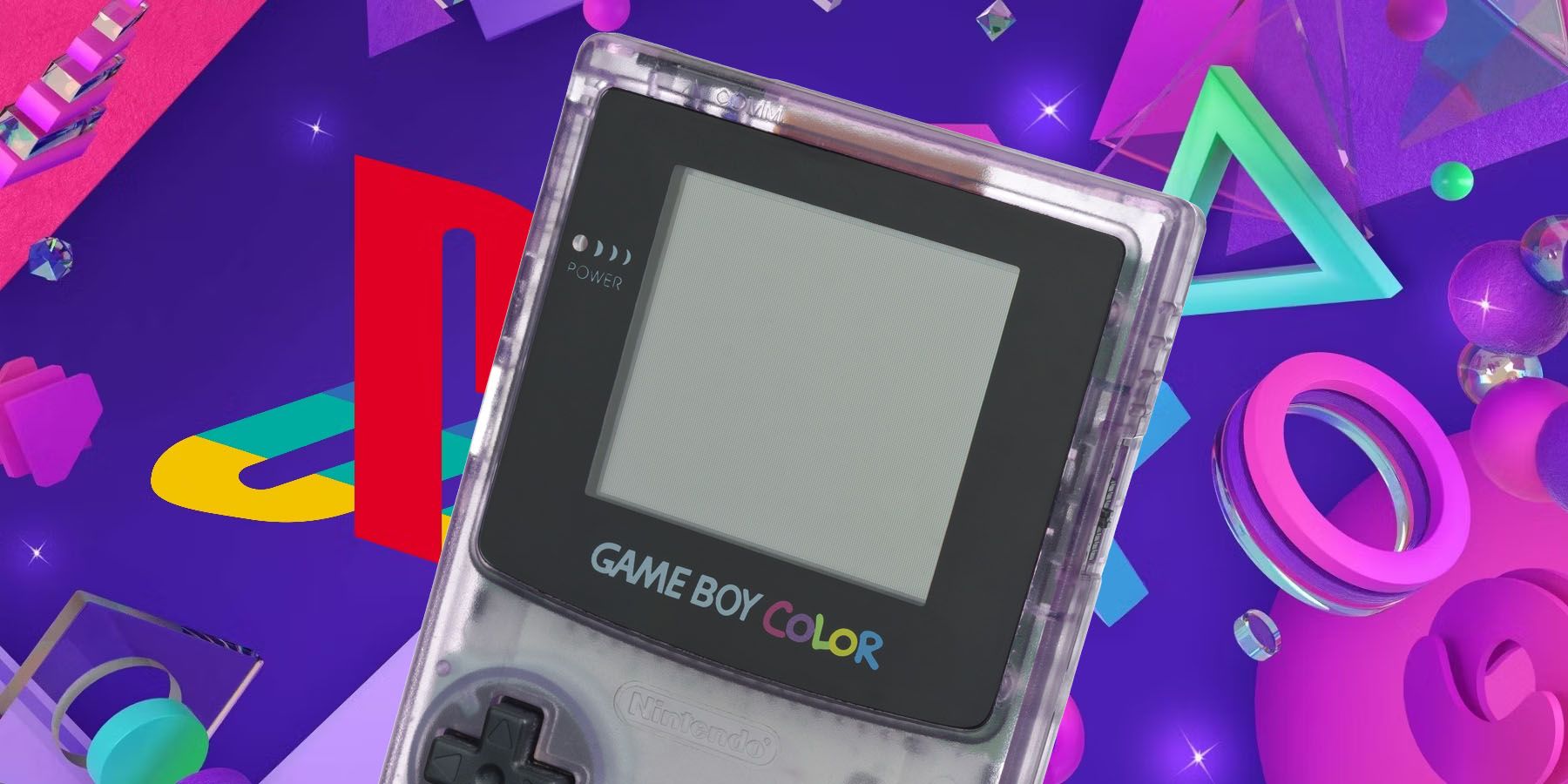 A Nintendo Game Boy Color placed in front of a background of PlayStation logos and button symbols.