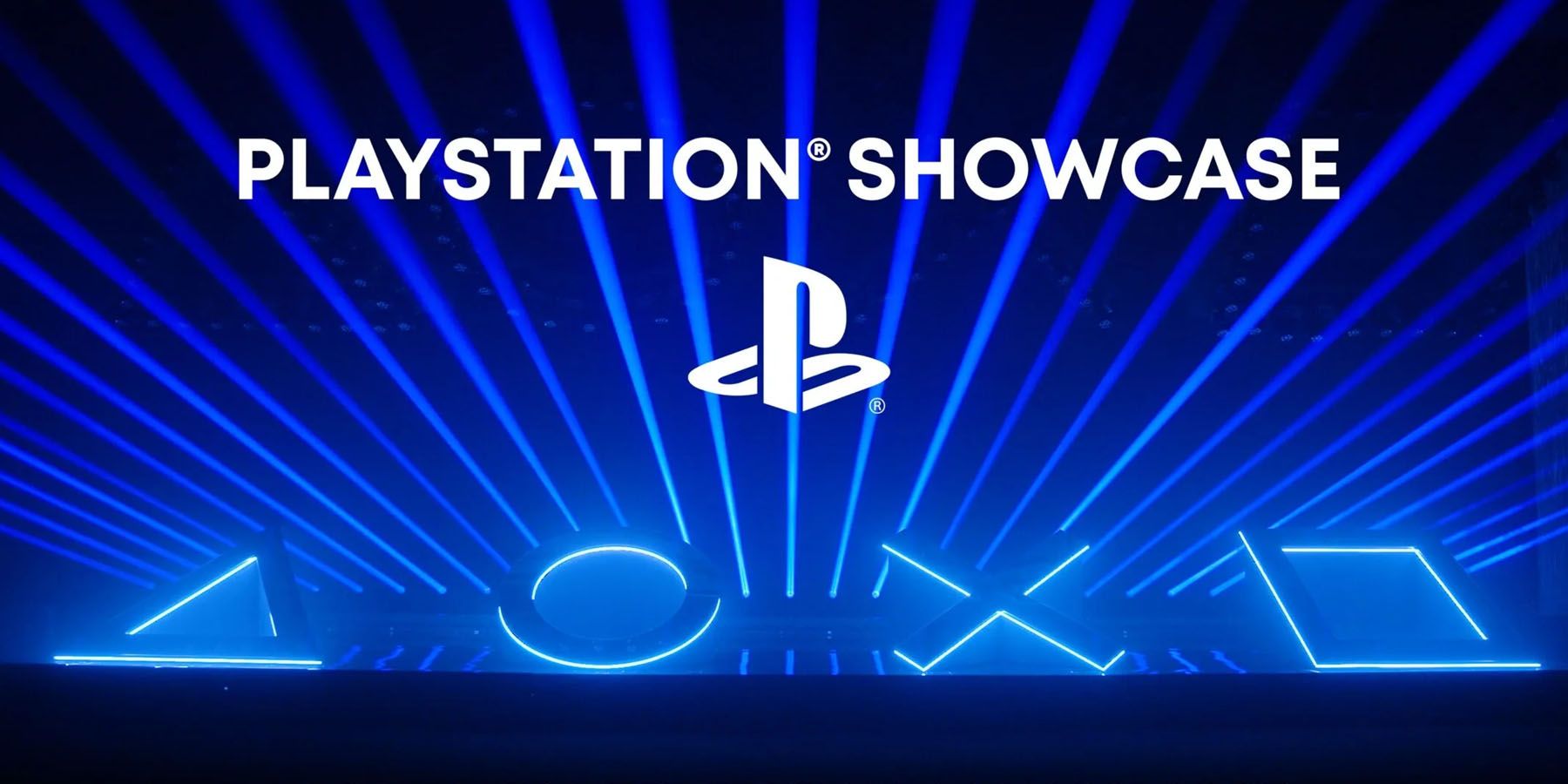 A promotional image for the upcoming PlayStation Showcase, featuring the words 'PlayStation Showcase' and the PlayStation logo overtop the four PlayStation button symbols glowing blue.