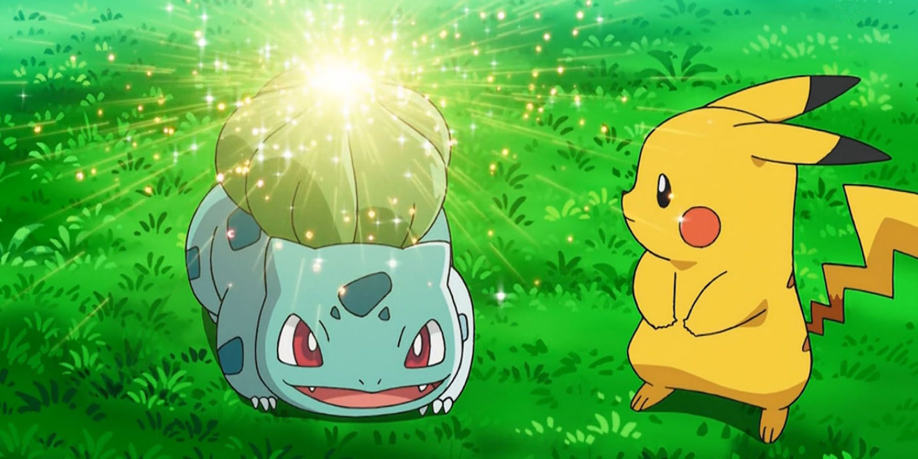 A screenshot of Bulbasaur charging its Solar Beam while Pikachu watches in the Pokemon anime.
