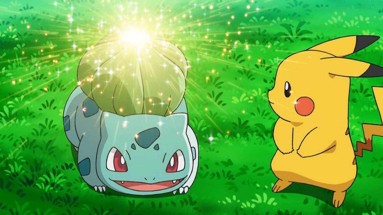 A screenshot of Bulbasaur charging its Solar Beam while Pikachu watches in the Pokemon anime.