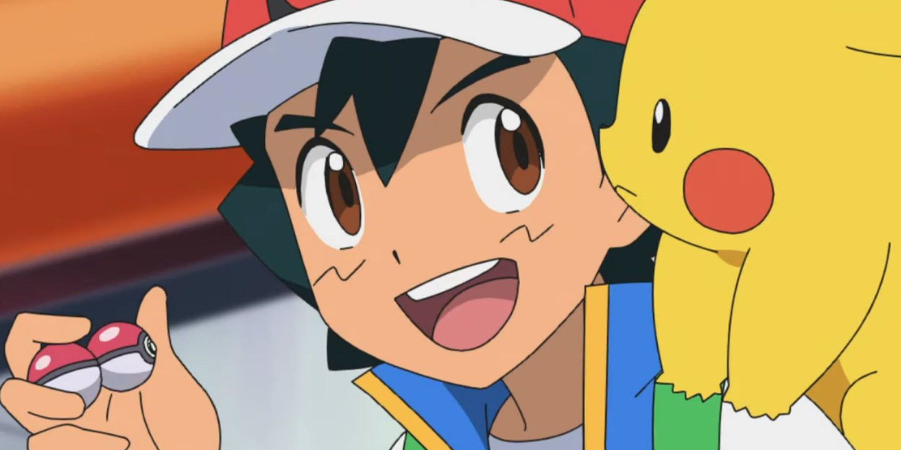 A screenshot of Ash holding two Pokeballs with Pikachu by his side in the Pokemon anime.