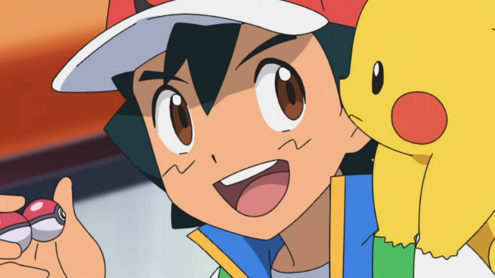 A screenshot of Ash holding two Pokeballs with Pikachu by his side in the Pokemon anime.