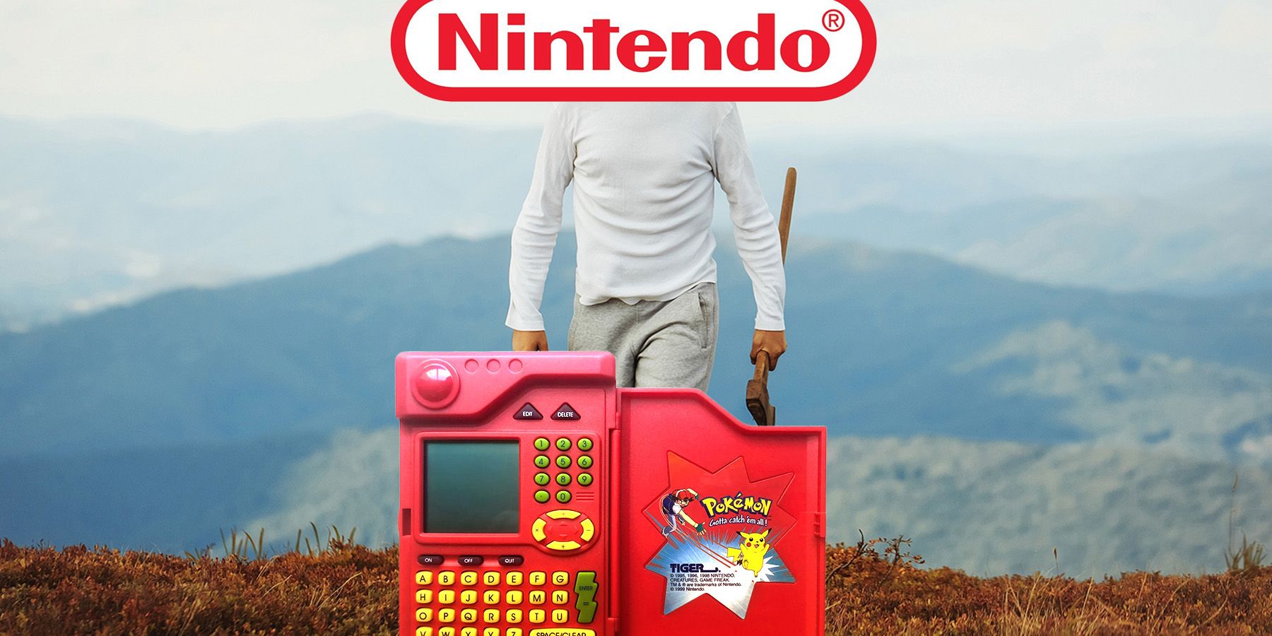 An image of a man with the Nintendo logo over his face and an axe in his hand menacingly approaching the electronic Pokemon Pokedex toy.