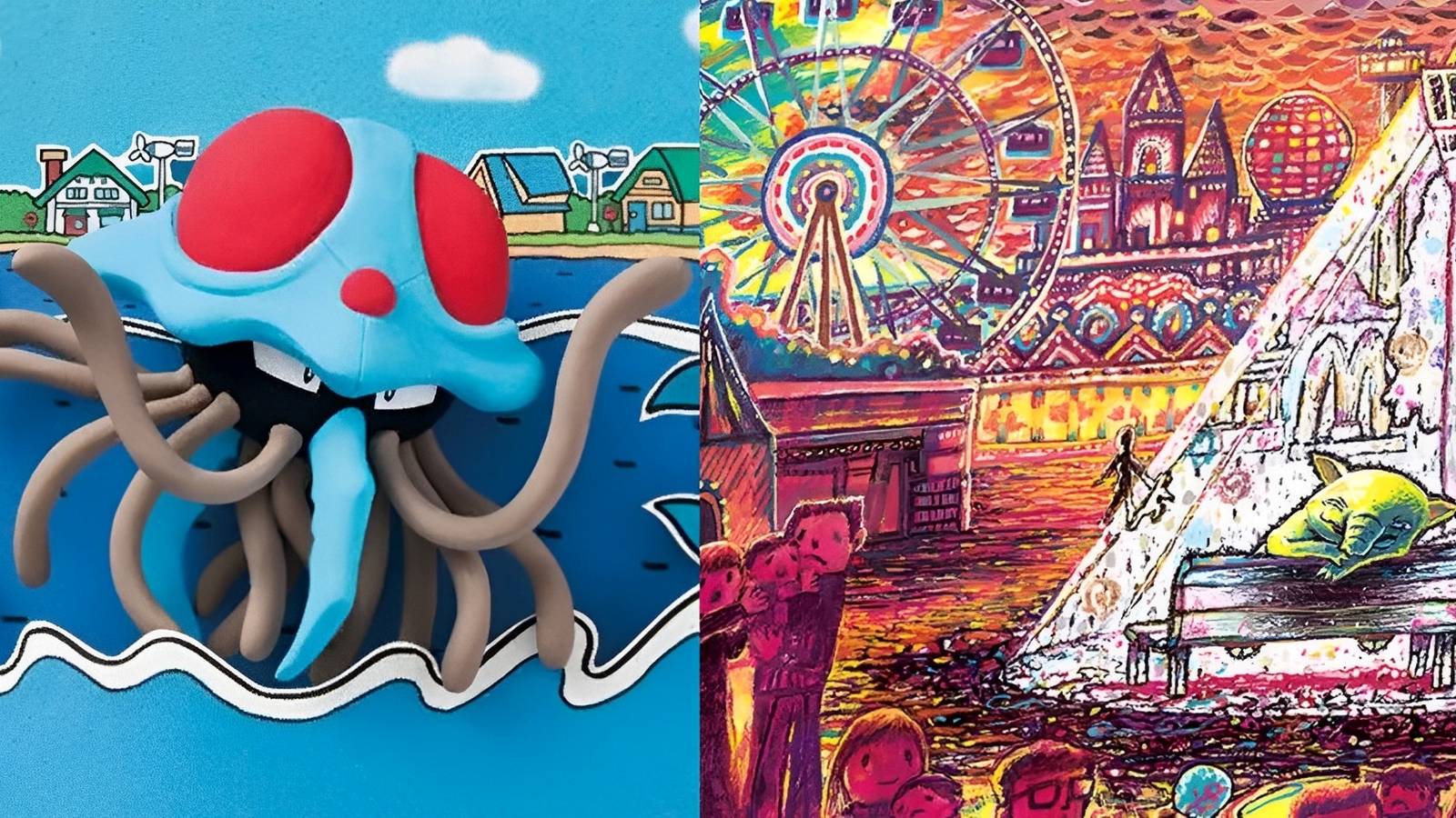 A Tentacruel card by Sachiko Adachi beside a Drowzee by Tomokazu Komiya