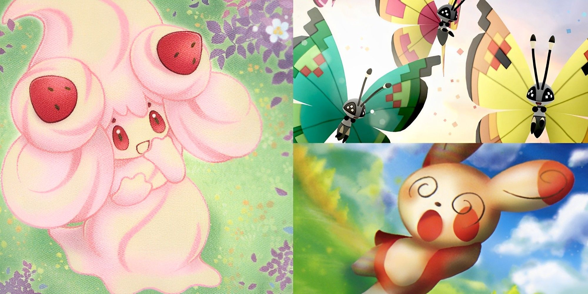 Alcremie and Spinda admiring a group of flying Vivillon