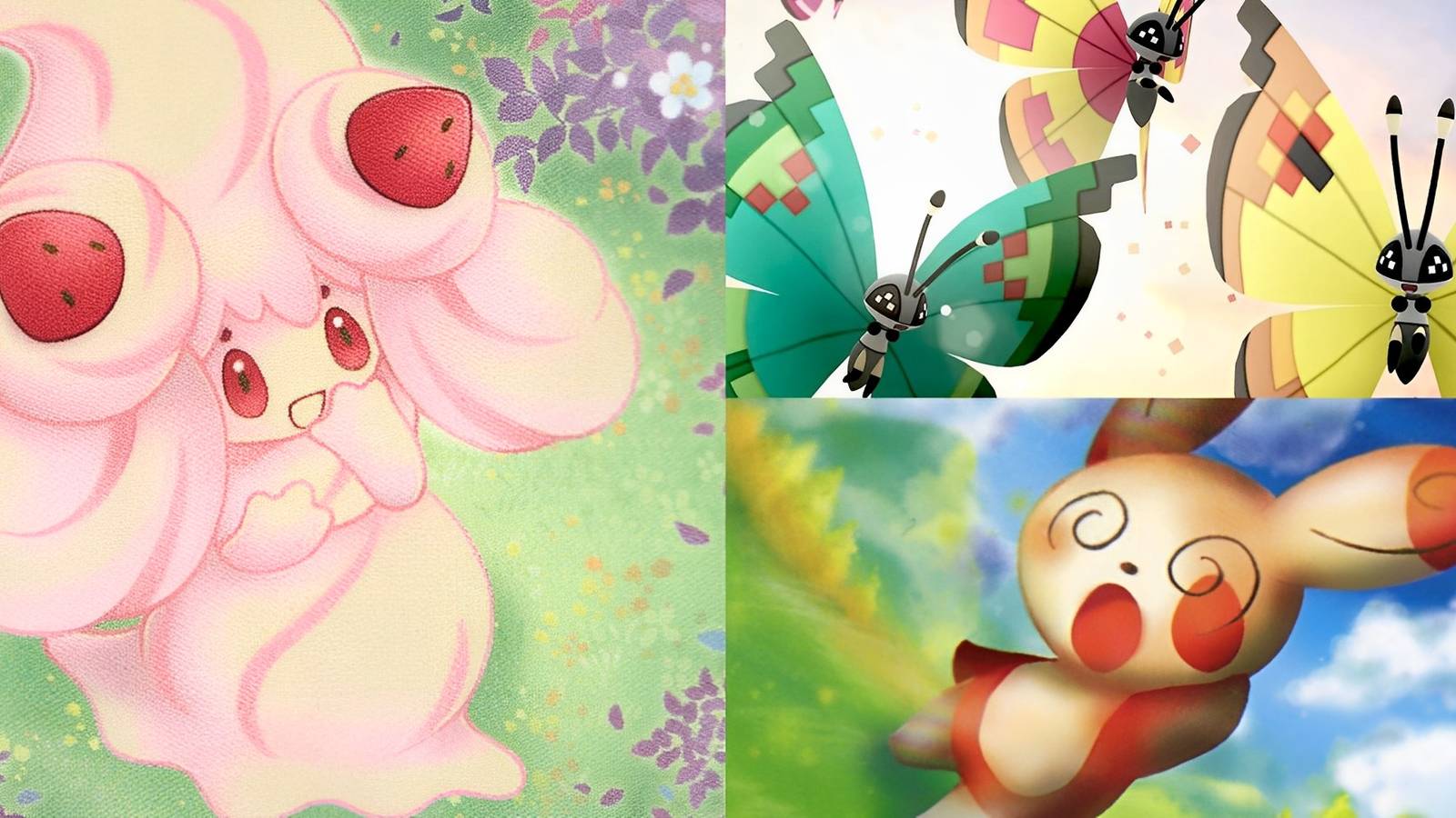 Alcremie and Spinda admiring a group of flying Vivillon