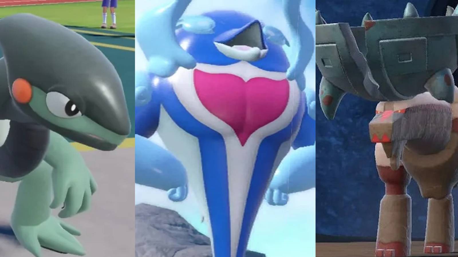 Cyclizar in battle; Palafin in Hero Form; Ting-Lu near its cave