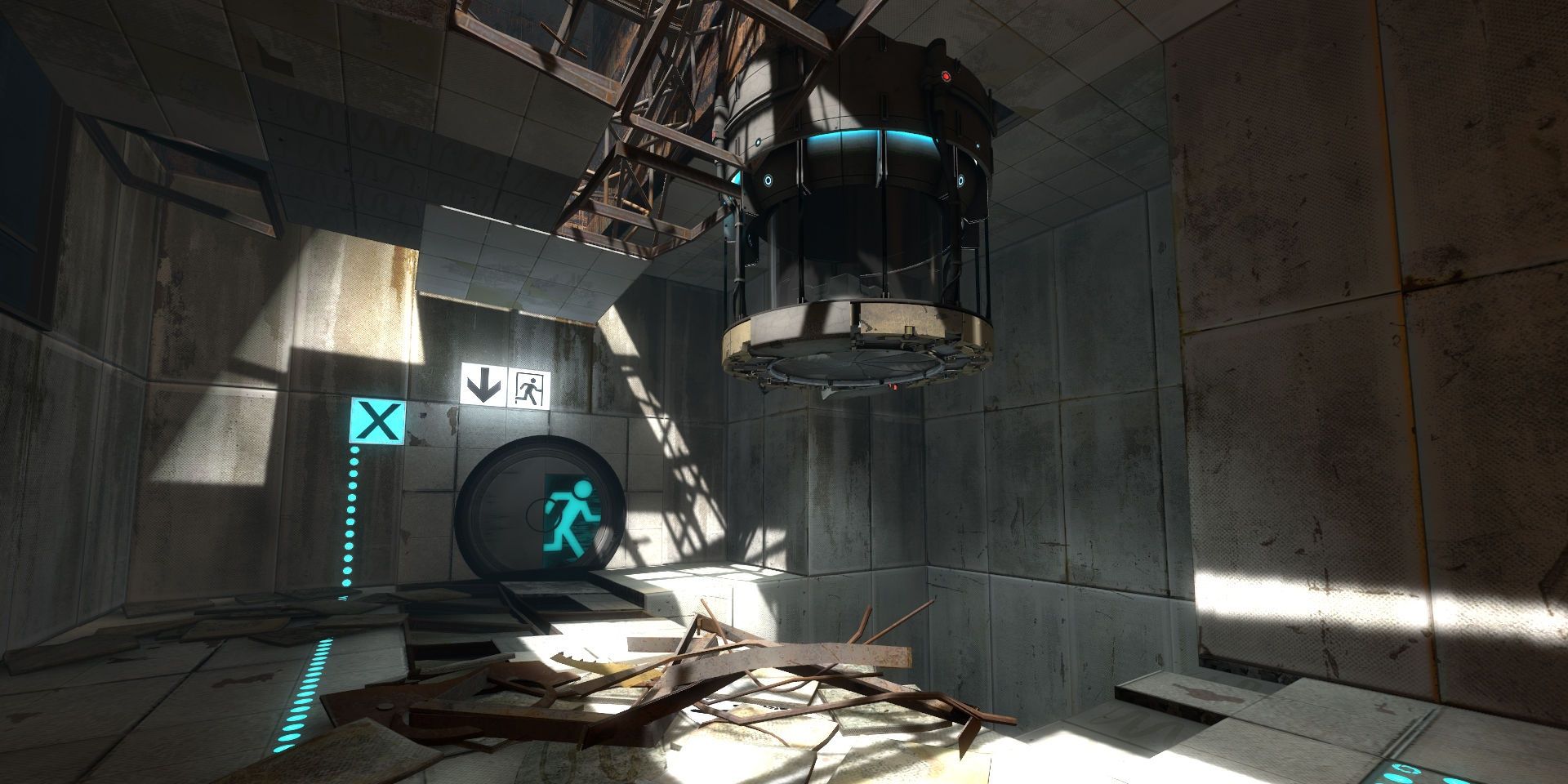 A puzzle room that is falling apart in Portal 2