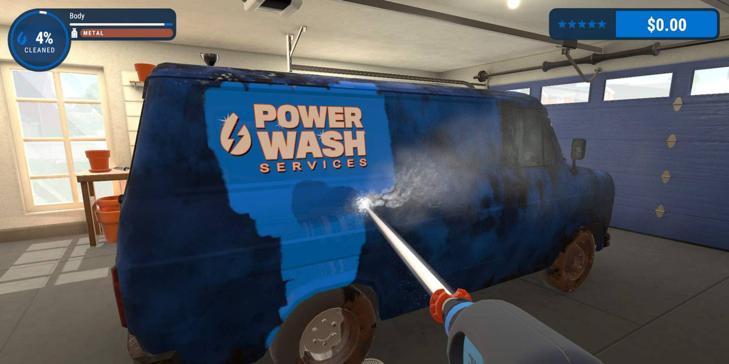 Gameplay from Powerwash Simulator which shows the player cleaning dirt from a blue van in a garage