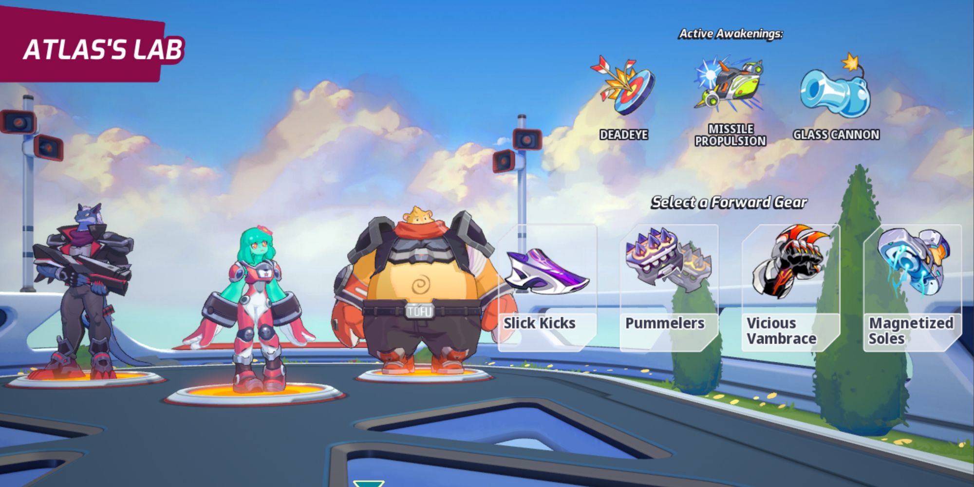 The Pre-Game Lobby in Omega Strikers, featuring characters from the game, the player's assigned Awakenings and the 4 options for Forward Gear