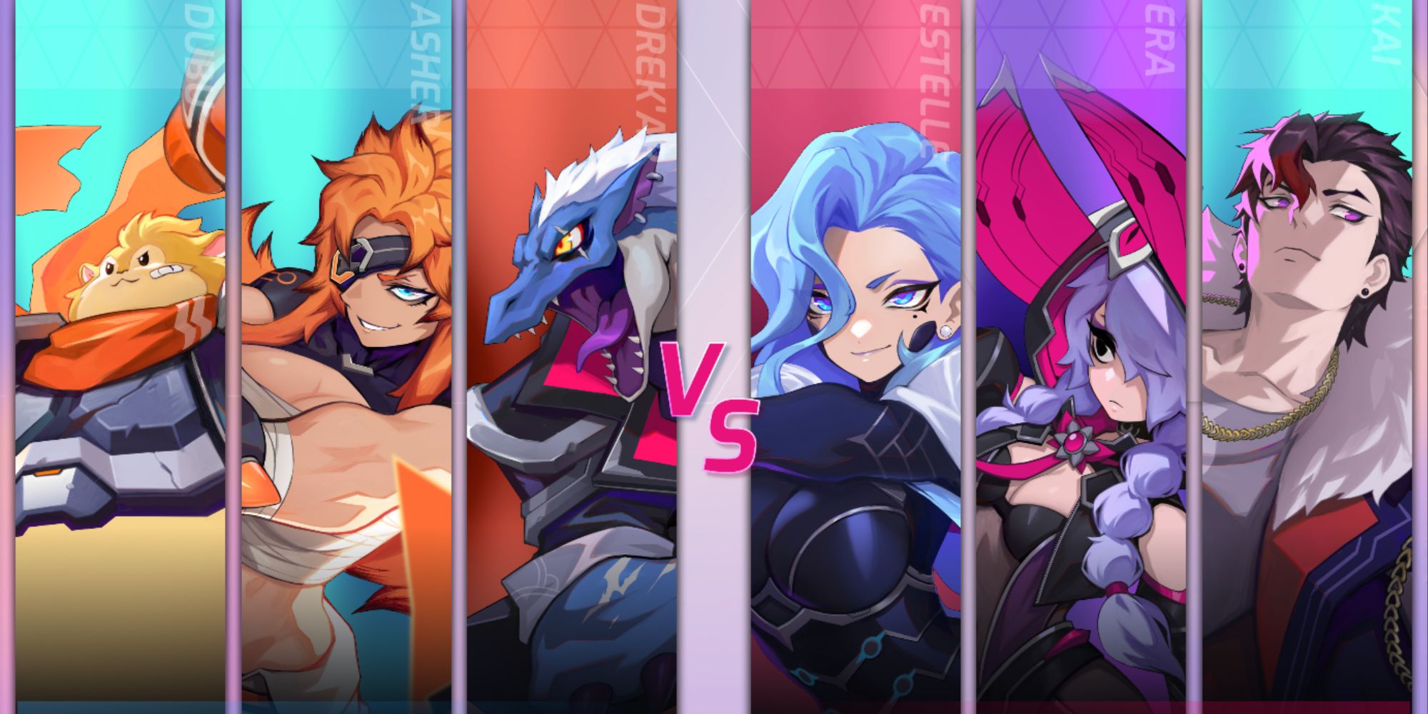 The pre-game screen from Omega Strikers showing the 6 characters playing in the upcoming match