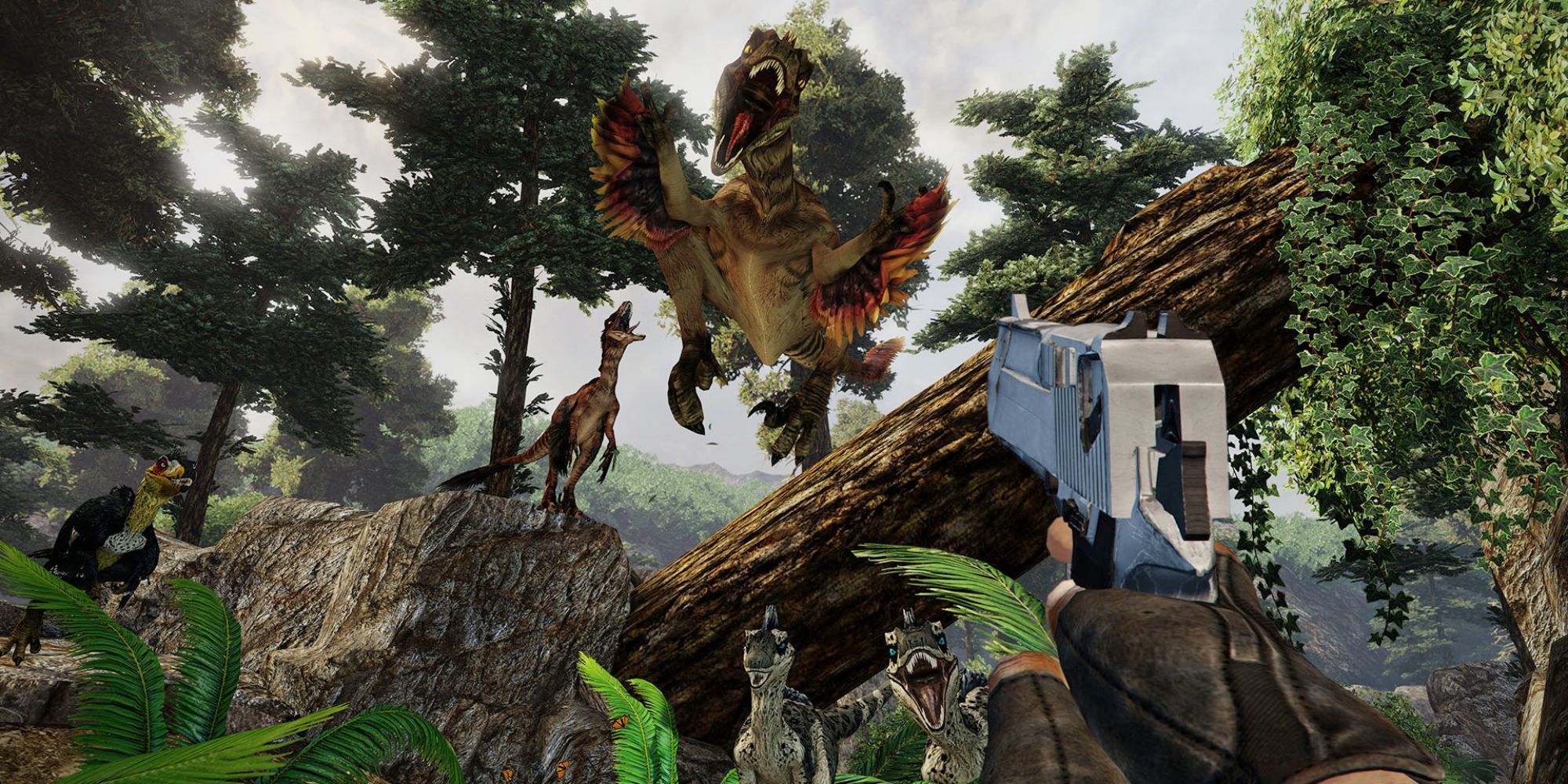 A player about to get pounced on by a dinosaur in Primal Carnage: Extinction