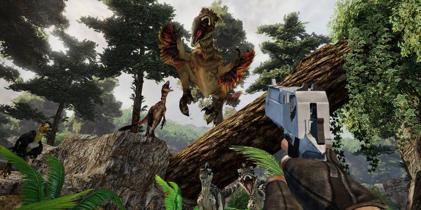 A player about to get pounced on by a dinosaur in Primal Carnage: Extinction