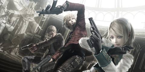 Promo art featuring characters in Resonance Of Fate - The Vashryon, Zephr, and Leanne readying their weapons
