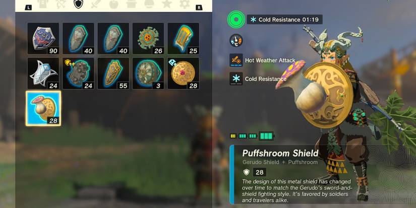 Link wields Puffshroom shield