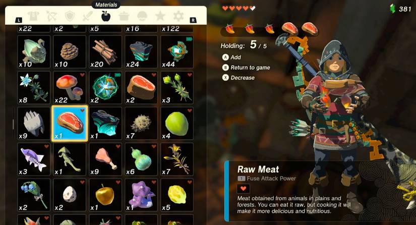 raw meat zelda tears of the kingdom food cooking screen link