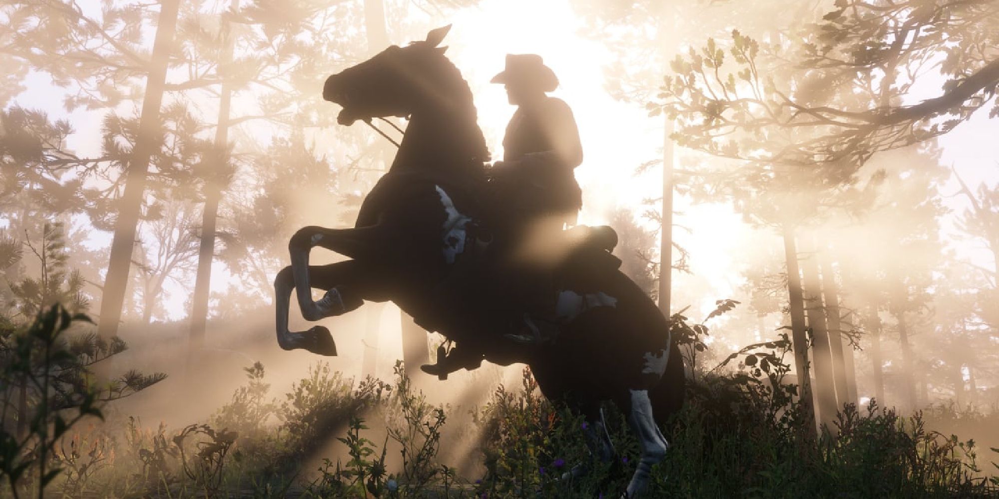 Arthur Morgan rearing back on his horse, silhoutted by the sun behind him. 