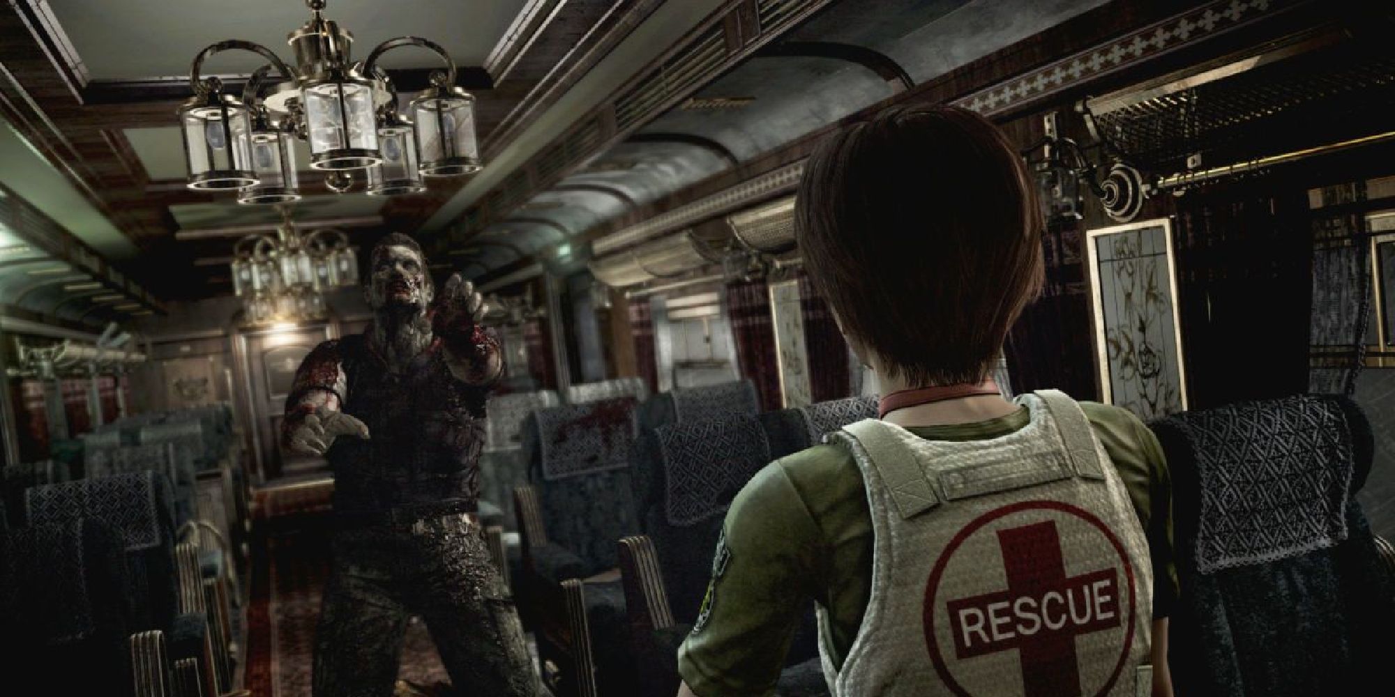Rebecca facing off against a zombie shambling towards her on a luxurious train car.