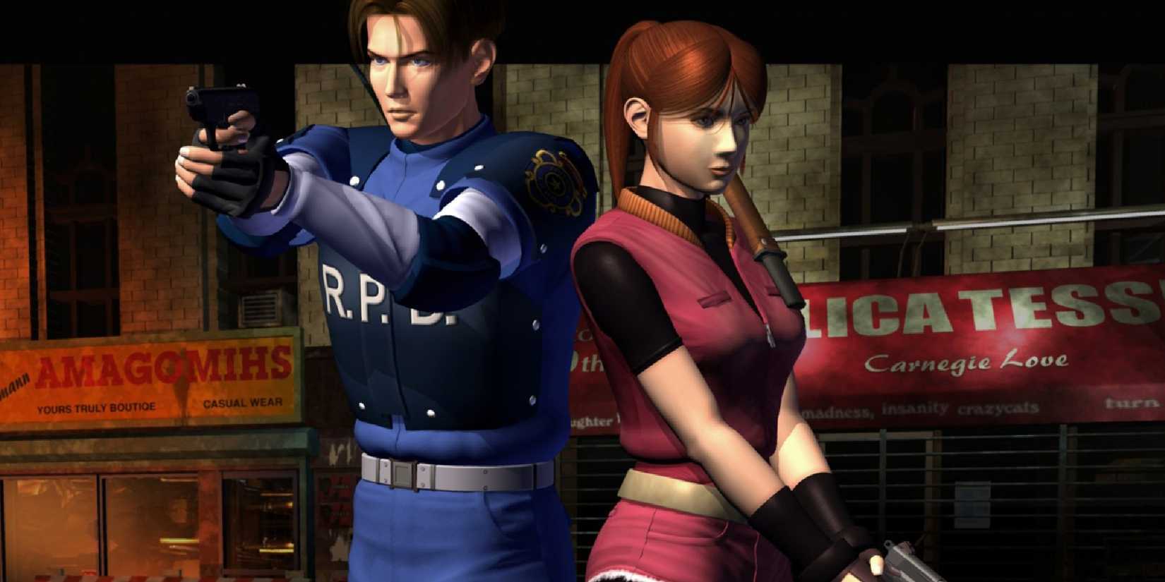 Leon and Calire standing back to back, Leon holding his gun up and Claire's downward, some of Raccoon City's shops in the backdrop in Resident Evil 2