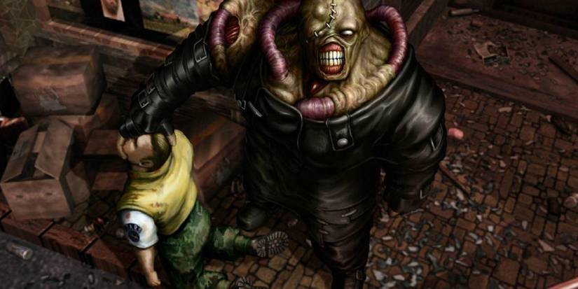 Nemesis looking up at the raised camera, grasping a dead STARS members face in one hand. 