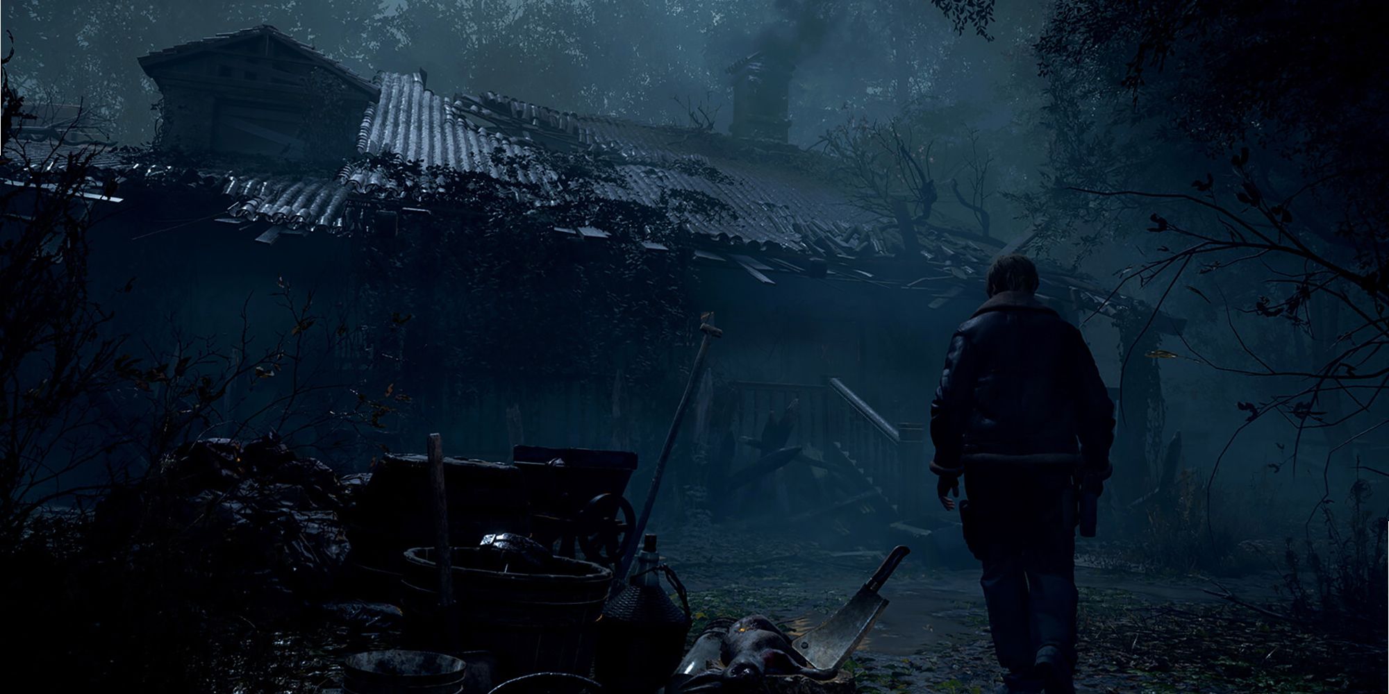 Wide shot of Leon entering the dark and eerie village of RE4