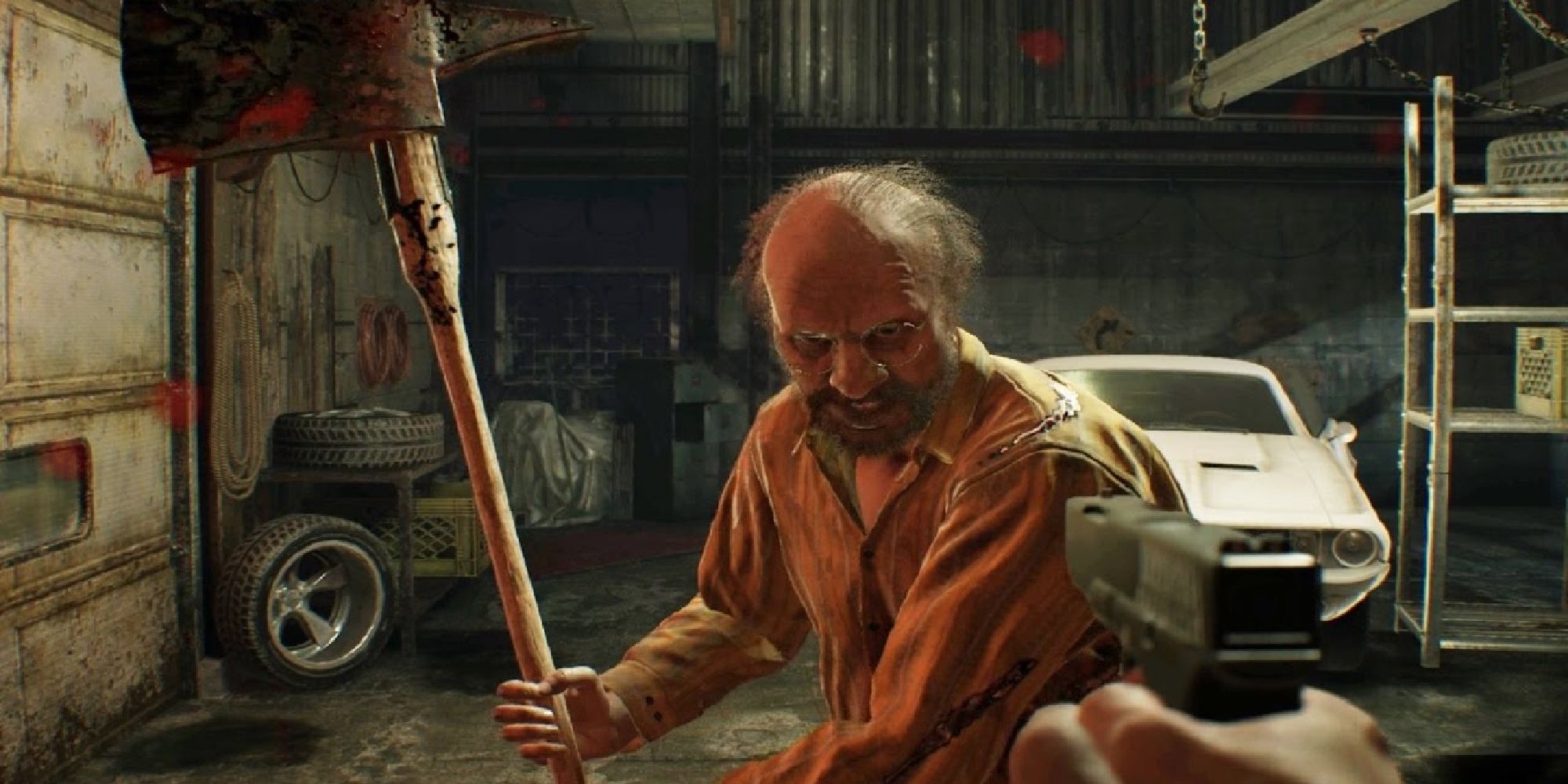 Jack Baker from Resident Evil 7, wielding an axe against Ethan.
